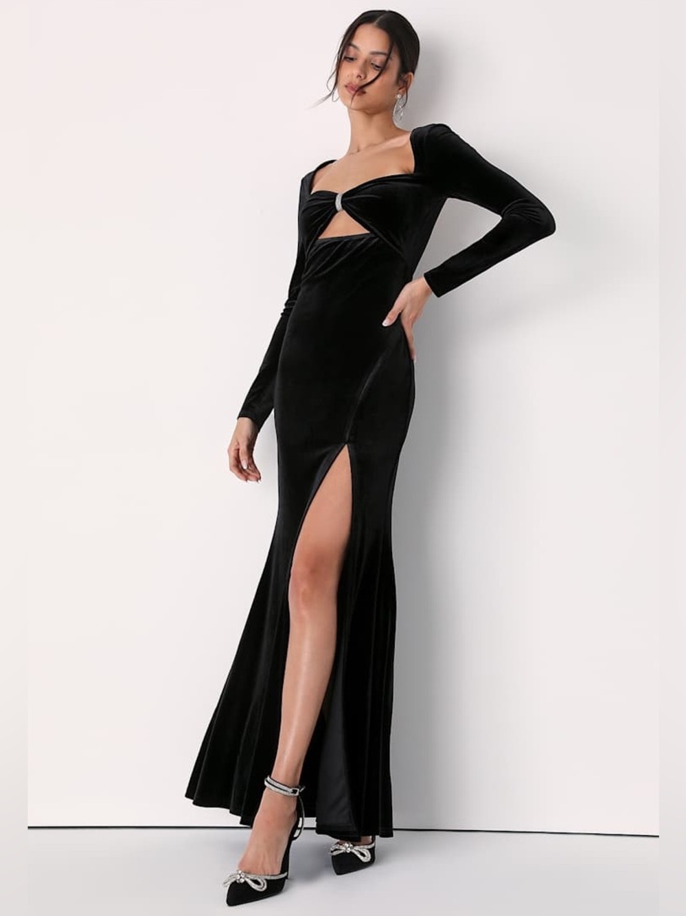 LULU'S Hollywood Heyday Black Velvet Long Sleeve Mermaid Maxi Dress